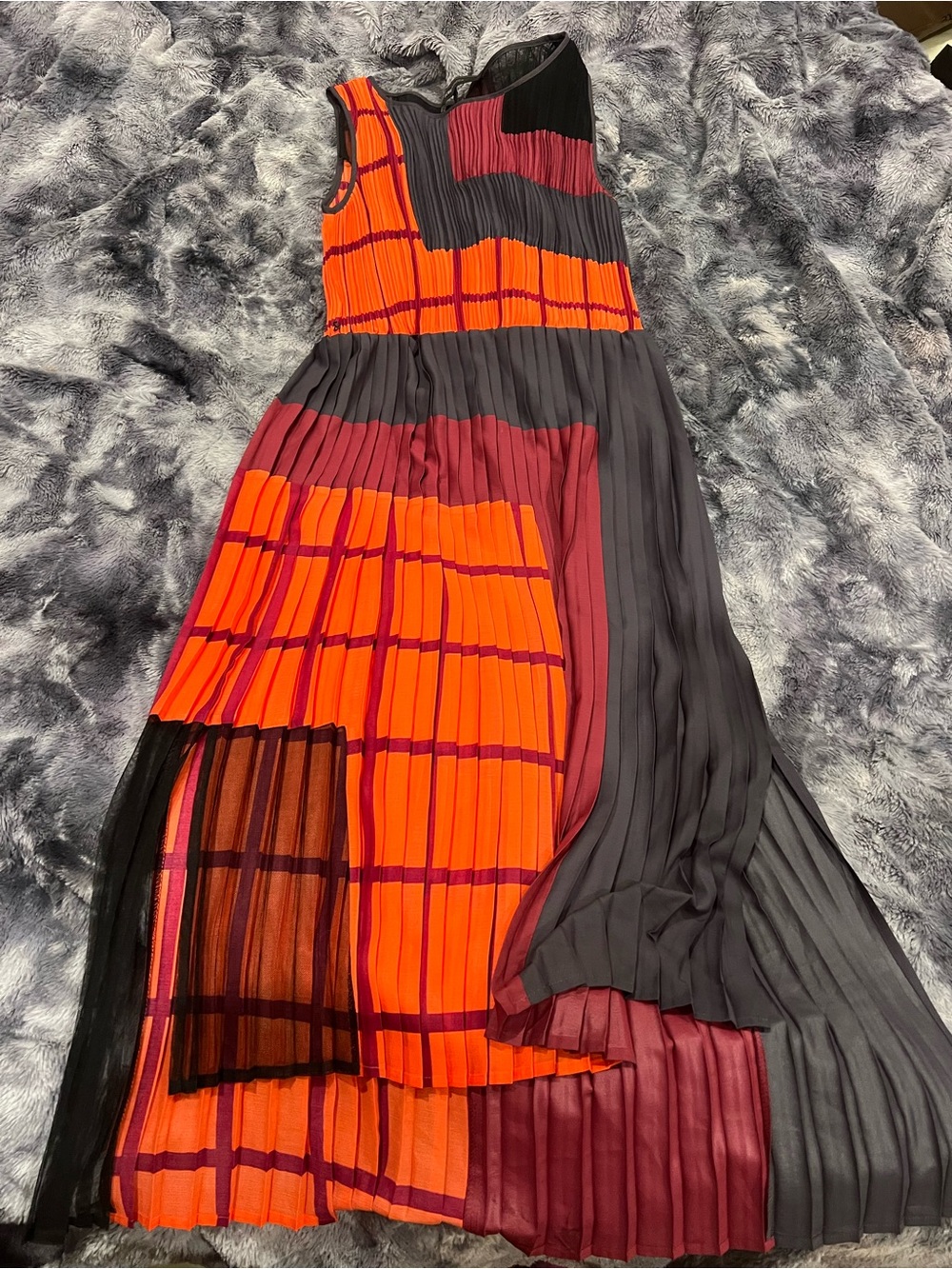BCBGMaxAzria Orange, Black & Burgundy Asymmetrical Pleated Maxi Dress